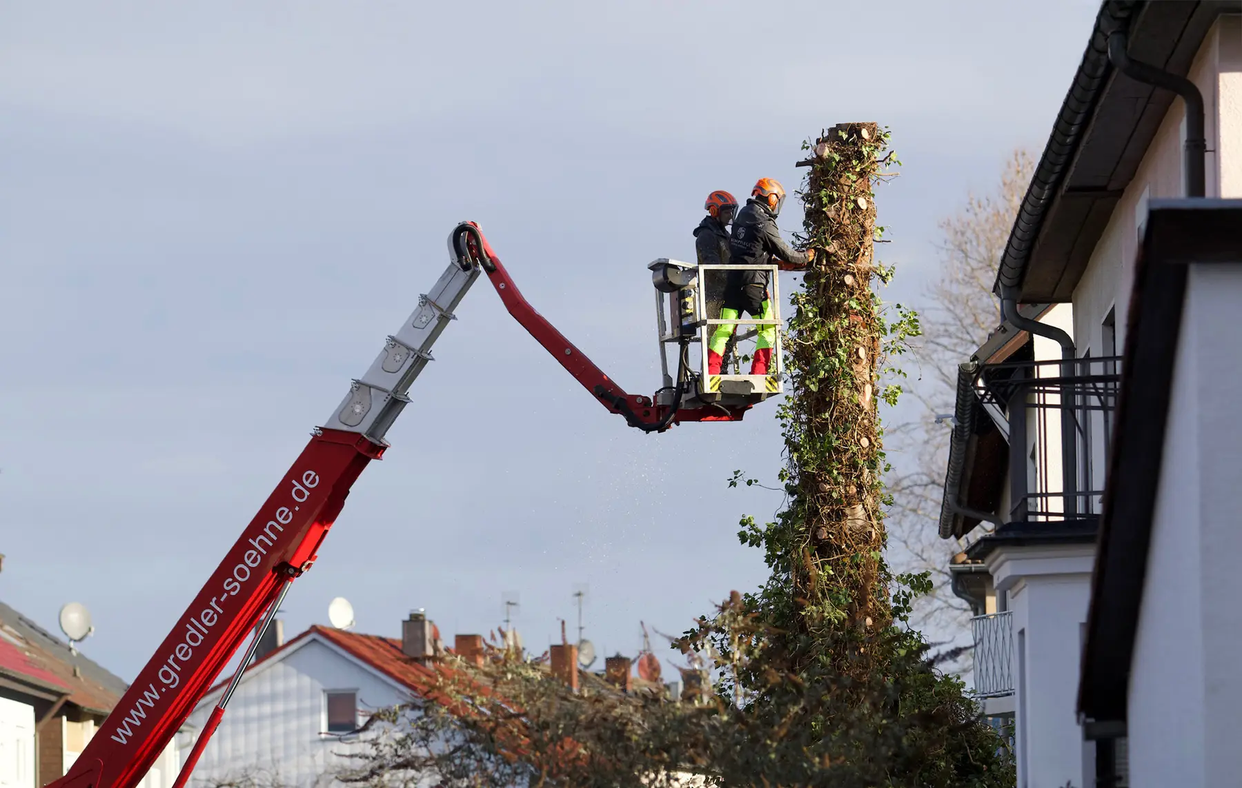 Zwei Arbeiter mit Helmen stehen in einer hochgeklappten Hubarbeitsbühne und schneiden bei klarem Himmel vorsichtig Äste von einem hohen, efeubewachsenen Baumstamm in der Nähe eines Wohnhauses – fachmännische Baum- und Grünpflege der Baumpflege Karlsdorf-Neuthard für gesunde Bäume.
