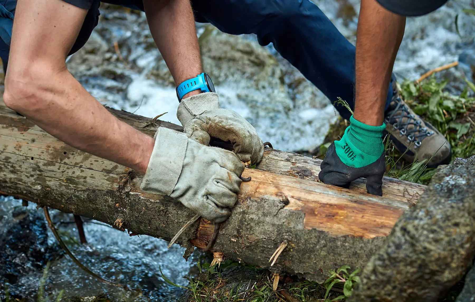 Zwei Personen mit Handschuhen verwenden Werkzeuge zur Baumpflege und schneiden im Freien in der Nähe eines Bachs in Baden-Württemberg einen Baumstamm.